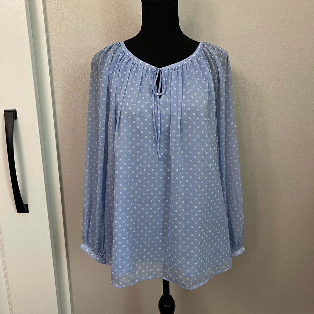 Talbot’s NWT Light Blue with White Polka Dots L/S Tie Neck Tunic Top Sz PL